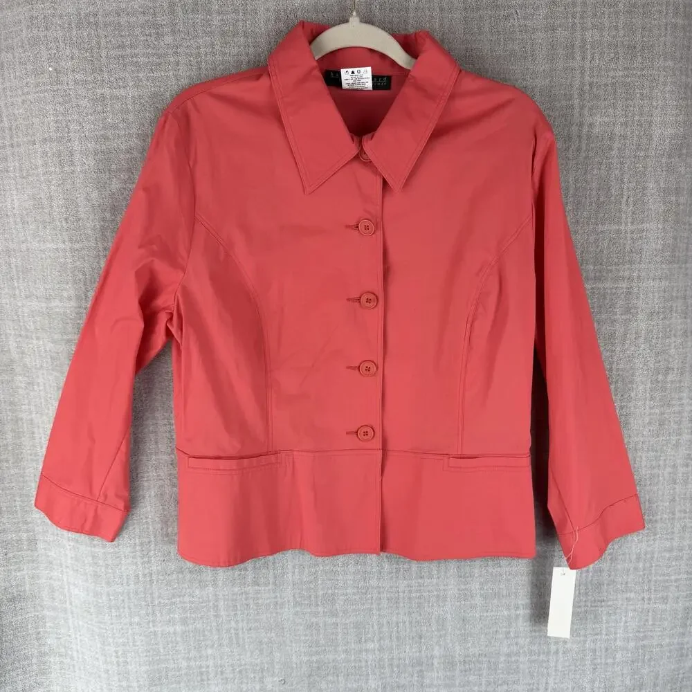 Harve Benard Jacket Womens 14 Red Collared Twill Short Lined Pockets Button